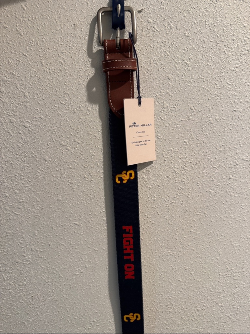 Peter Millar Men’s Navy 'Fight On' Web Belt with Brown Leather Trim